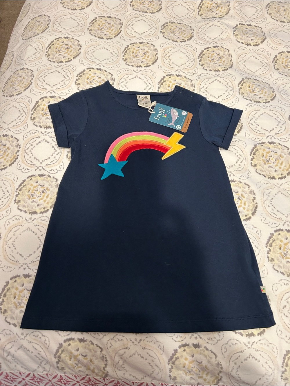 Frugi Girls' Navy Rainbow Lightning Short Sleeve Tee